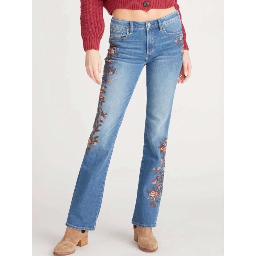 Driftwood Kelly Floral Embroidered Straight Leg Jeans Medium Wash Denim